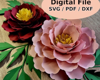 DIY Paper Peony Templates with Leaves: 3D Flower SVG, PDF (Digital Download)