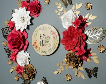 Rot und Gold Papierblumen Set: Kinderzimmer Wanddekoration