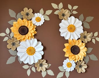 Sonnenblume und Gänseblümchen Papierblumen Wanddeko: Boho Kinderzimmer Set