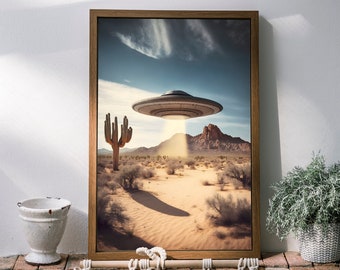 Desert UFO Art Print Descarga digital Cartel del paisaje del desierto Alien Spaceship Wall Decor UAP Regalo para fanáticos de la ciencia ficción