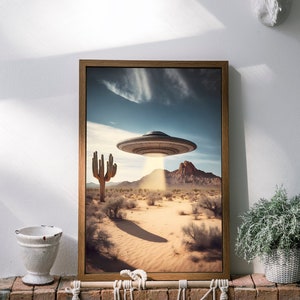 Desert UFO Art Print Digital Download Desert Landscape Poster Alien Spaceship Wall Decor UAP Gift for Sci-Fi Fan