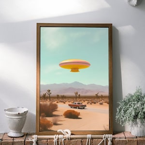 Yellow UFO Art Print Digital Download png jpg Desert Landscape Vintage Car Alien Spaceship Wall Decor Poster UAP Gift for Sci-Fi Fan
