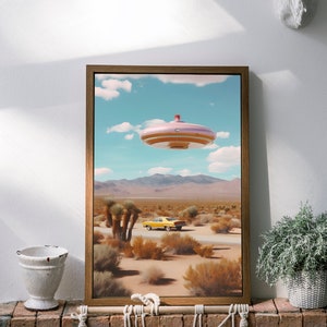 Pink UFO Art Print Digital Download png jpg Desert Landscape Vintage Car Alien Spaceship Wall Decor Poster UAP Gift for Sci-Fi Fan