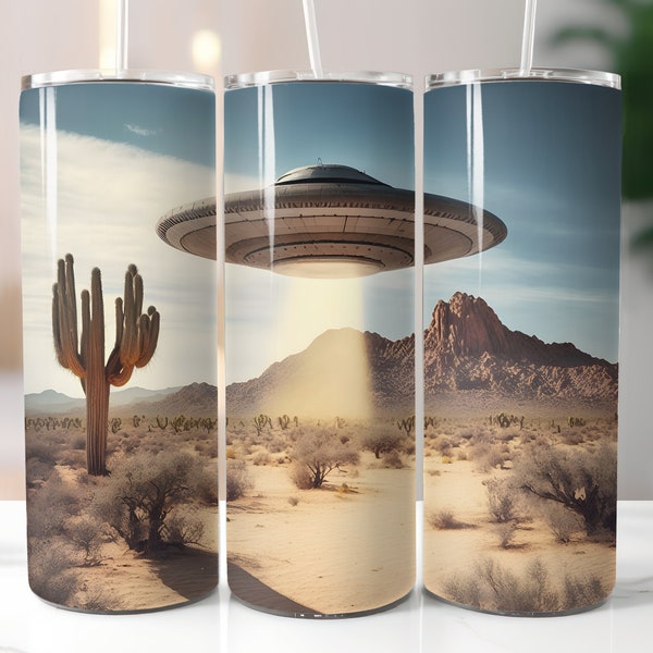 UFO Tumbler Digital Download Sublimation Design Desert Landscape Skinny Tumbler Wrap PNG Alien Spaceship 30oz 20oz UAP Gift for Sci-Fi Fan