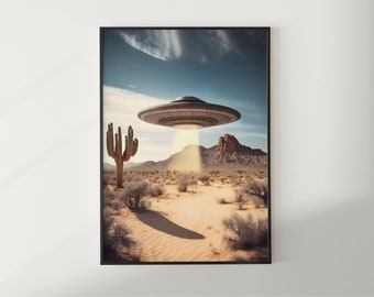 Stampa artistica UFO, download digitale, paesaggio desertico della California, astronave aliena, arte della parete