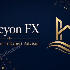 Könnte beinhalten: Eine dunkelblaue digitale Grafik mit dem weißen Text Halcyon FX und MetaTrader 5 Expert Advisor. Rechts zeigt ein stilisiertes goldenes Logo eine geometrische Struktur, die an ein Haus oder Gebäude über fließenden Wellenlinien erinnert, mit goldenen Funken.