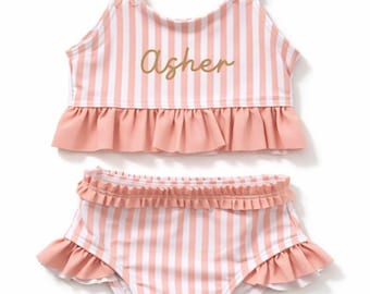 Personalized Baby Girl Swimsuit | Custom Name Bikini | Ruffle Toddler Swimsuit | Pink Striped Two Piece | Baby Swimwear Gift