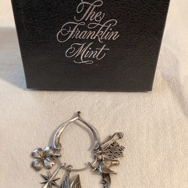 Vintage 1979 Sterling Silver Pendant with Charms Lucky Wishbone signed & dated Original Box