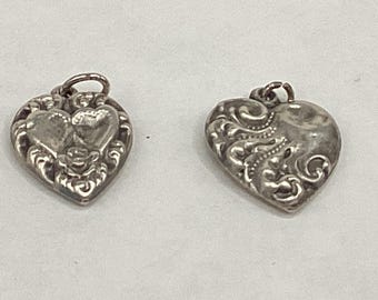 Lot of 2 Antique Sterling Silver Puff Heart  Charms