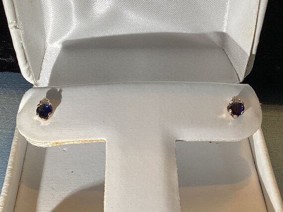 10k Yellow Gold Blue Sapphire & Diamond Earrings - image 3