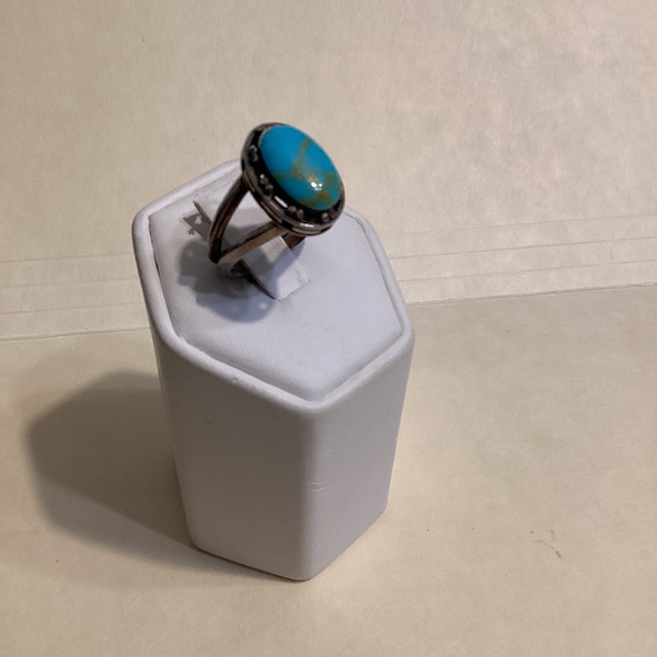 Navajo Turquoise Ring signed Ted Ott  Turquoise Heavy Design Size 7 1/2