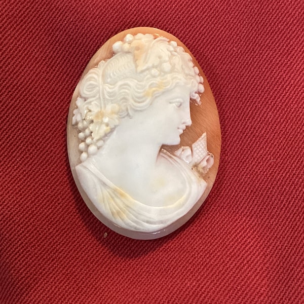 Rare Antique Victorian Carved Cameo  Beautiful Woman Grape Leaves Vines in Her Hair & Grapes Cameo Only
