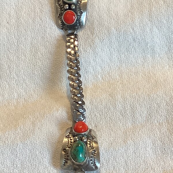 Vintage Native Chunky Turquoise and Coral Sterling Silver Watch Band