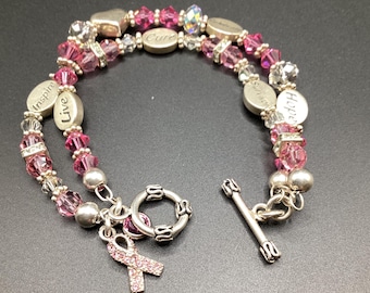 Sterling Silver Breast Cancer Survivor Bracelet, Crystal Beads