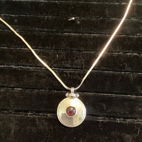 Gorgeous Artsy CII Mexico Large Round Sterling Silver Pendant with Red Garnet Stone on Sterling Silver Chain Necklace