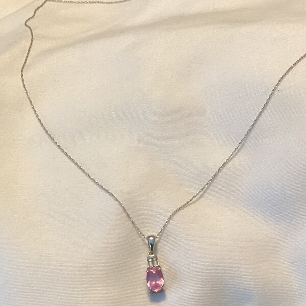 10k White Gold Chain With  Pink Tourmaline 10k White Gold Pendant