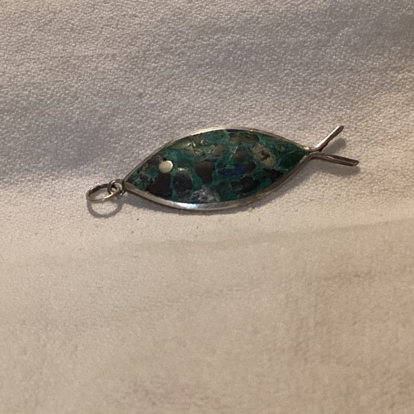 Taxco Sterling Silver Inlay Turquoise Fish  Pendant