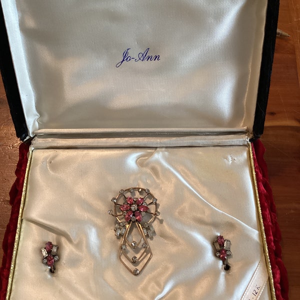Vintage Jo-Ann 12k Gold Filled Pink Rhinestone Brooch and matching Earrings in Original Velvet  presentation Box