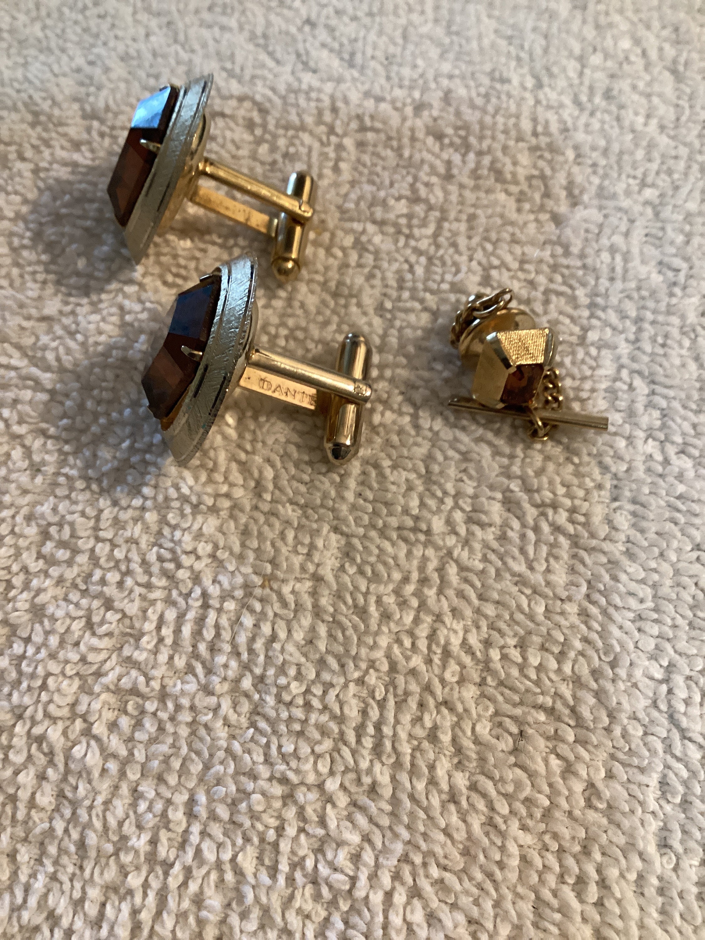 Mens Vintage Dante Cuff Links and Tie Tack Pin Set Design 1970s Smoky Amber Glass Etsy