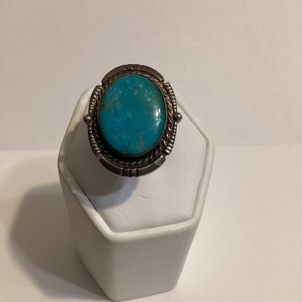 Navajo Turquoise Ring Signed Large Stone Bold Design US Size 5 1/4 Old Store  Stock 1960’s