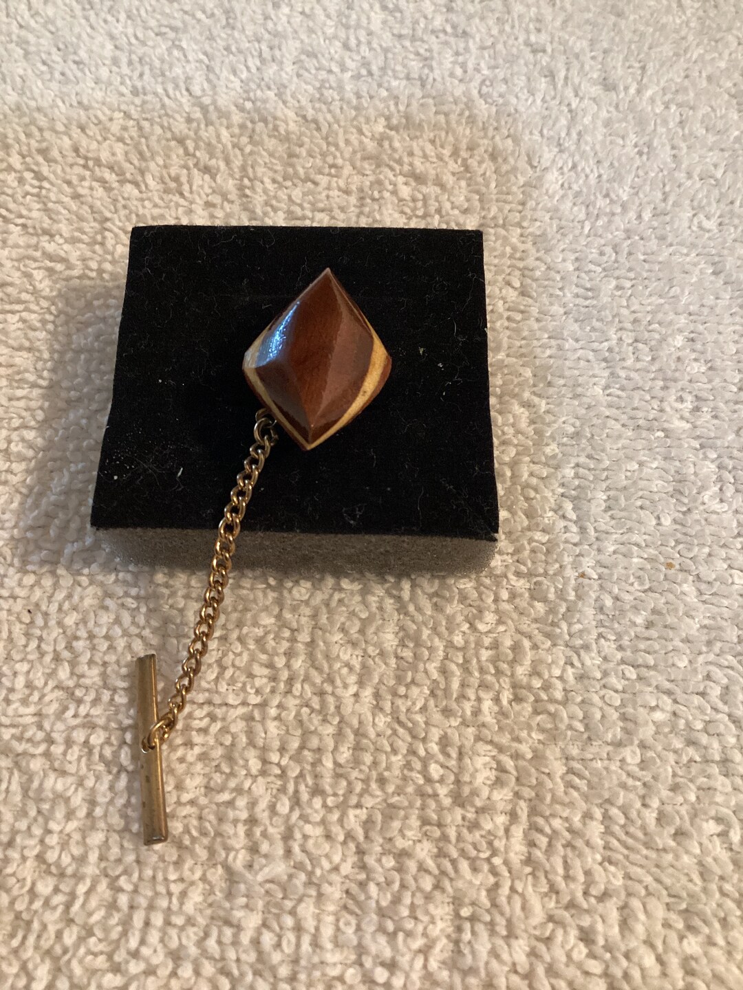 Mens Vintage Tie Tack Pin With Chain Marquetry Wood Design Etsy
