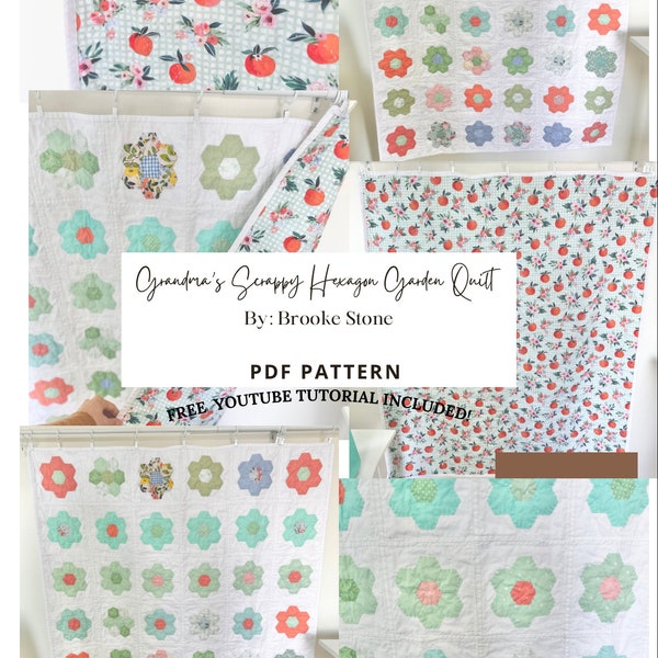 Grandma’s Scrappy Hexagon Garden Quilt Downloadable Digital PDF Pattern by Brooke Stone | Penny Lane Studios