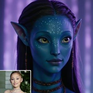 Pode incluir: Um retrato de perto de uma mulher de pele azul com orelhas grandes e pontiagudas e olhos amarelos. Ela está usando um colar e brincos de contas. O fundo é um degradê roxo.