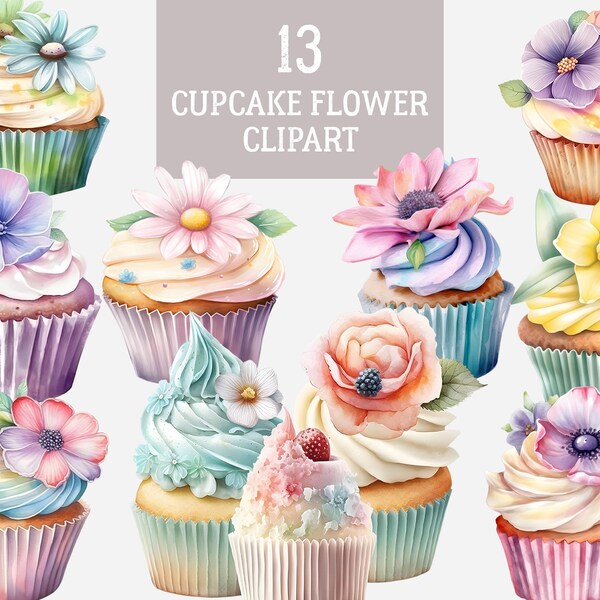 Watercolor cupcake clipart png with flower bundle and sweets, dessert illustration digital image downloads, Scrapbook