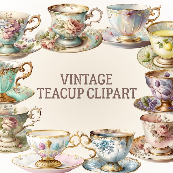 Watercolour Vintage Teacup Clipart png bundle, Antique Tea Time Digital Image Downloads