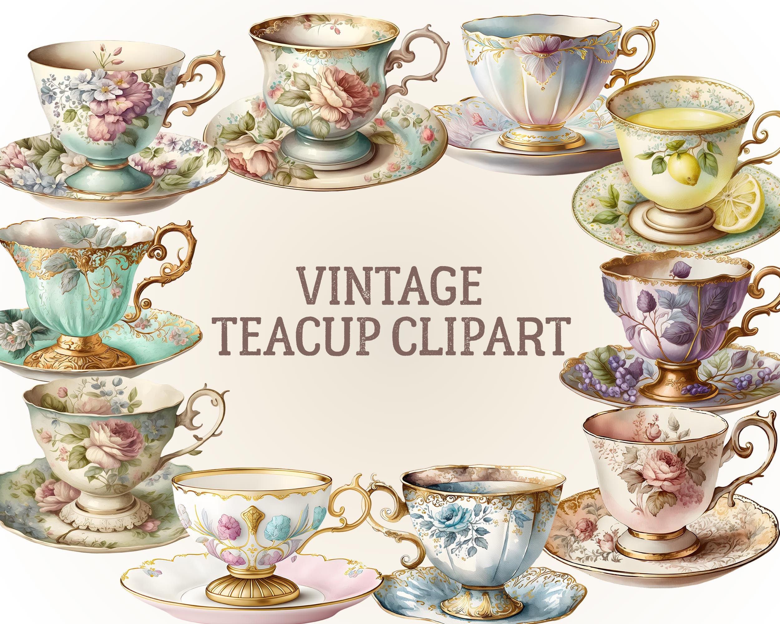 Watercolour Vintage Teacup Clipart Png Bundle Antique Tea Etsy