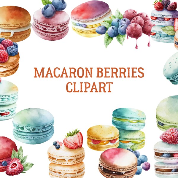 Aquarelle macaron baies clipart png bundle - baies ou fruits macarons dessert téléchargements d'images numériques