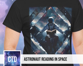 Astronaut Reading in Space T-Shirt - Mirror Effect Cosmic Tee - Explore the Universe, Art, Knowledge in Astronaut Apparel Stars Milky Way