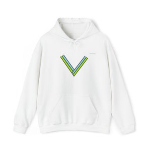 May include: White hooded sweatshirt with a green and blue V-shaped graphic on the front.