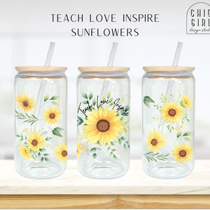 Teach Love Inspire Design Digital Download PNG and JPG for 16oz Libbey Glass Can Tumbler Sublimation  | Boho Floral Modern Minimal