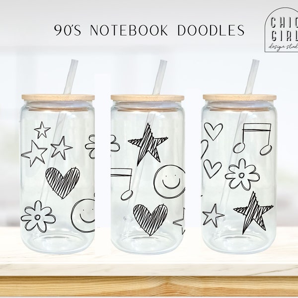 90's Notebook Doodle Design Digital File Download PNG and JPG for 16oz Libbey Glass Can Tumbler Sublimation  | Floral Modern Minimal Trendy