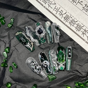 Traditional Chinese Calligraphy Themed Luxury Press-On Nails, Glossy Nails, Coffin Nails, Handmade Nails, Fengshui, Antique