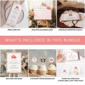 May include: A set of printable baby shower decorations featuring a strawberry theme. The set includes a menu card, a due date calendar, a chocolate wrapper, a welcome sign, cupcake toppers, a thank you card, and a food label. The decorations are pink and white with a gingham pattern and watercolor strawberries.