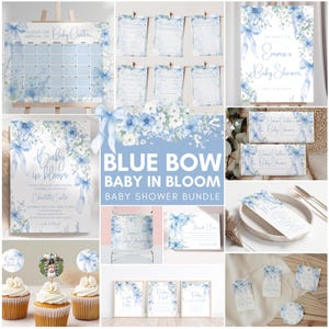 Blue Bow Baby in Bloom Bundle, Blue Baby in Bloom Baby Shower bundle, Blue Wildflower Baby Shower, Editable template, baby boy in bloom