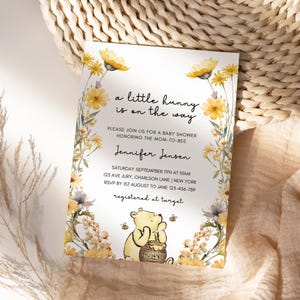 Classic Winnie The Pooh Baby Shower Invitation Template, editable winnie the pooh invitation, Vintage winnie baby shower invite, soft floral