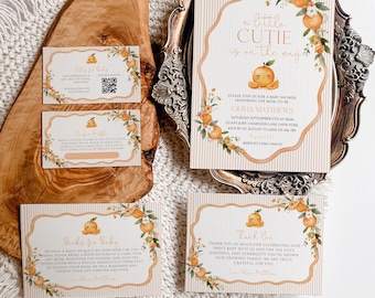 Little Cutie Baby Shower Invitation Suite, Orange Baby Shower Invite, instant download, Editable Template, a little cutie is on the way