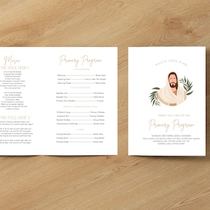 以下が含まれることがあります： 金色と白のカラーテーマの印刷可能なプライマリープログラムテンプレート。テンプレートには、タイトル、日付、時間、名前のスペースが含まれています。画像には、イエス・キリストの画像も含まれています。