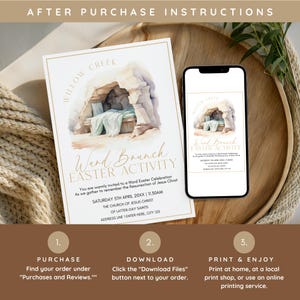 Pu&ograve; includere: Un invito digitale per una celebrazione pasquale, con un'illustrazione ad acquerello di una tomba. L'invito &egrave; visualizzato su una carta bianca e uno smartphone, con istruzioni per l'acquisto, il download e la stampa.