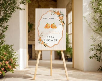 Willkommensschild „Zwei kleine Babys sind unterwegs“, Schild zur Zwillings-Babyparty, Babyparty für kleine Lieblinge, Orange-Thema, Canva-Vorlage