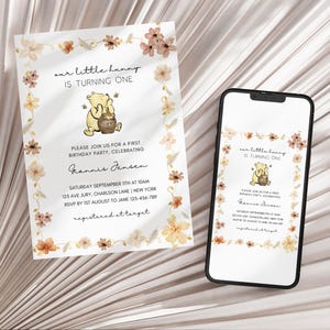 Plantilla clásica de invitación para el primer cumpleaños de Winnie the Pooh, invitación de cumpleaños editable de Winnie the Pooh, primer cumpleaños de Winnie