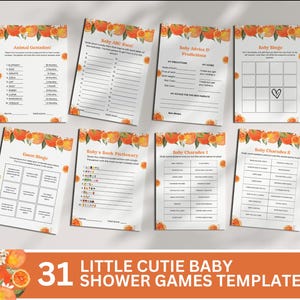 Little Cutie Baby Shower Games Bundle - Orange baby shower, instant download, a little cutie is on the way, citrus baby shower, template
