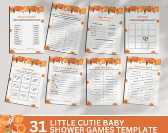 Little Cutie Baby Shower Games Bundle - Orange baby shower, instant download, a little cutie is on the way, citrus baby shower, template