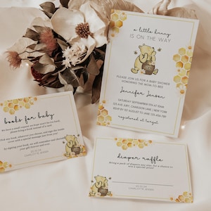 Classic Winnie The Pooh Baby Shower Invitation Template Set, editable winnie the pooh invitation, baby shower set
