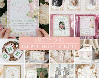 Pink Lucky One First Birthday Bundle, St Patrick’s Day 1st Birthday Decor, Templates, One Lucky Charm Birthday, Lucky Charm birthday