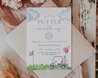 Pink Golf Baby Shower Invitation Template, golf shower, a little putter is on the way, golf themed shower, editable template, lets par-tee