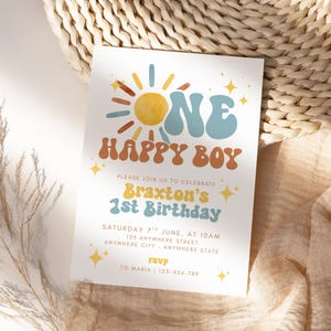 One Happy Boy Birthday Invite, 1st Birthday Invitation Boy, First Birthday Invitation, Retro Sun Invitation, Sunshine, Boho One Happy Boy